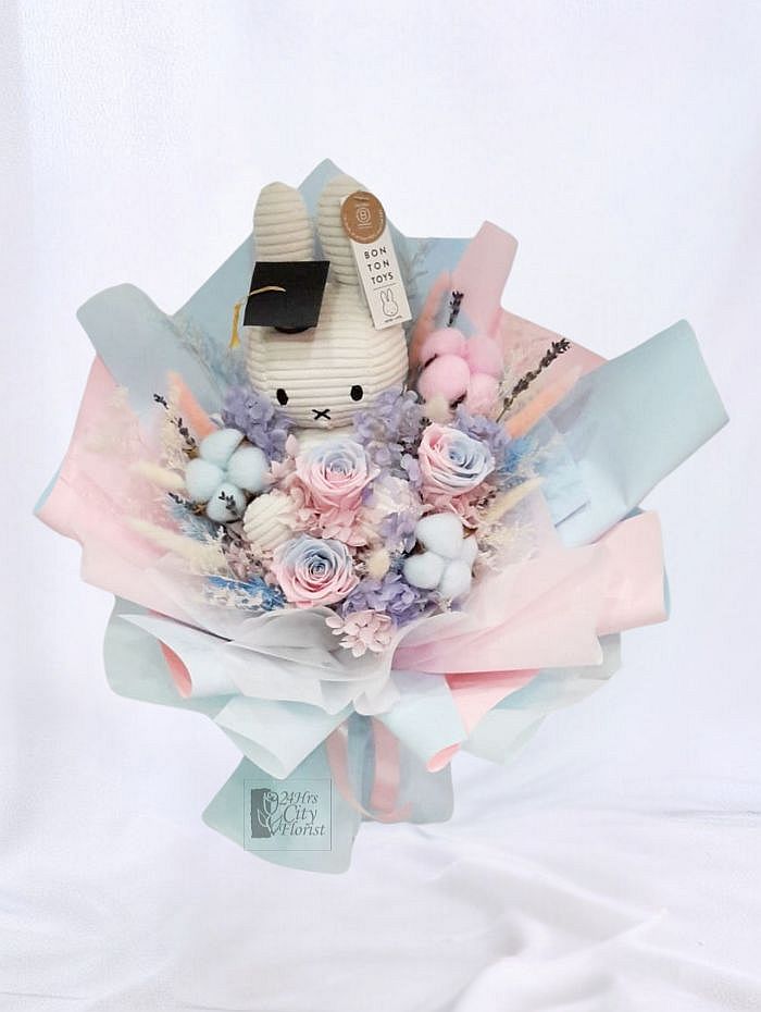 Miffy bouquet - miffy plush arranged with rainbow rose bouquet